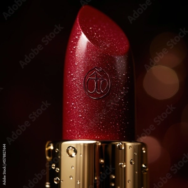 Fototapeta Close-up photograph of a luxurious shimmering ruby red lipstick with a gold base
