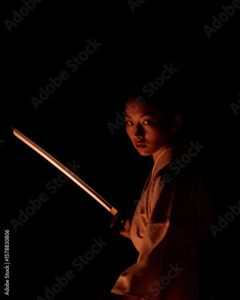Obraz Female Samurai Holding Katana in Dramatic Lighting