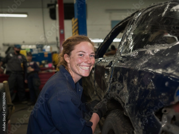 Obraz Female Auto Mechanic Smiling While Working on Car