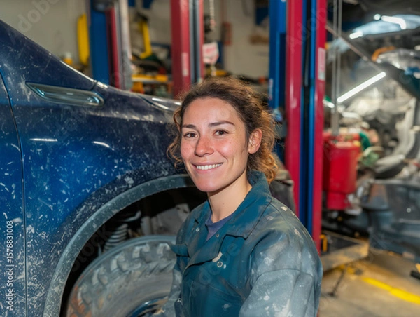 Obraz Female Auto Technician Smiling in Busy Workshop