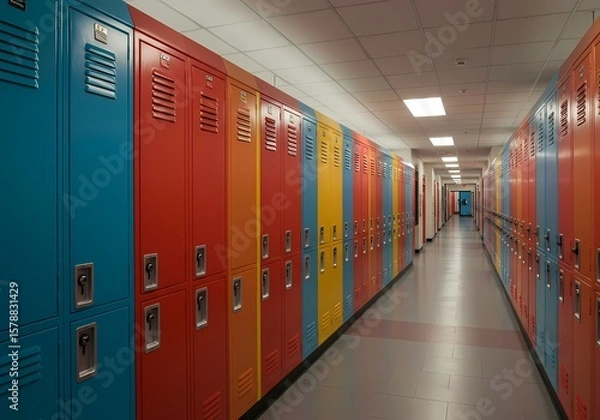 Obraz Colorful school lockers line a hallway, creating a vibrant and organized storage solution for students. The lockers enhance the school's interior design.