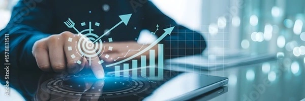 Fototapeta Hand pointing at holographic growth chart on digital interface, symbolizing business analytics, strategic planning, and technology-driven success