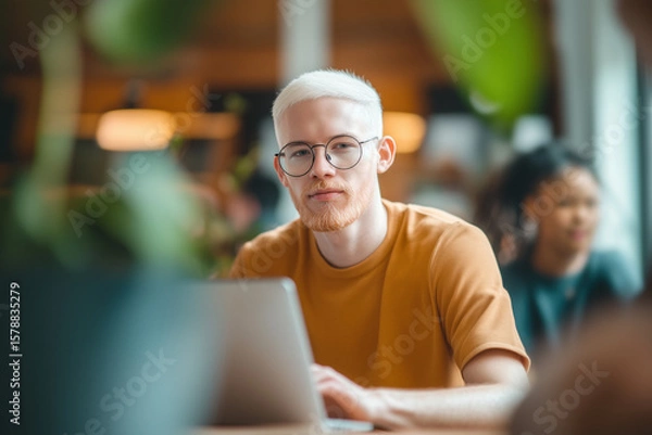 Fototapeta Young albino man with round glasses and a goatee, focused on his freelance work, is working on his laptop in a modern coworking space, embodying ambition and creativity