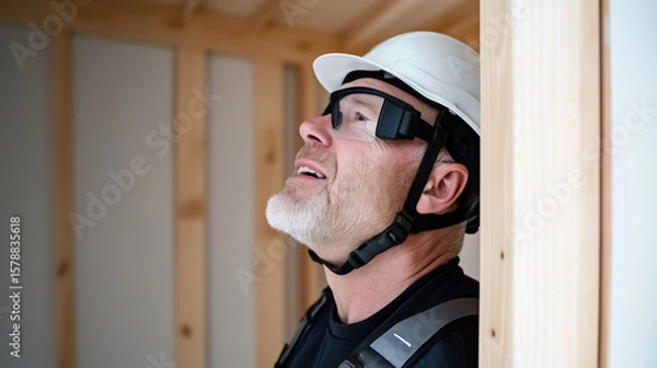 Fototapeta Construction worker wearing augmented reality glasses and hardhat inspecting building site, utilizing cutting edge technology for enhanced project management and efficiency