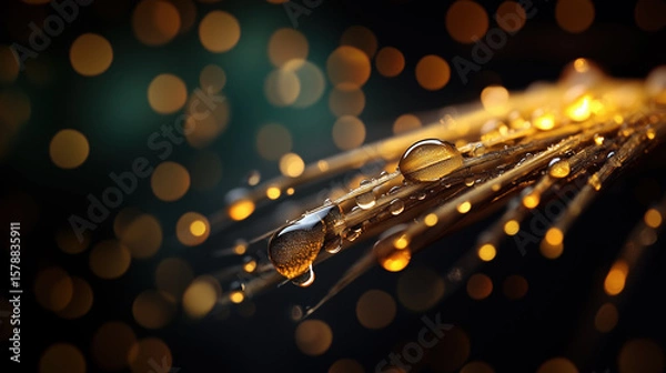 Fototapeta Capturing dew drops delicately clinging to grass blades, reflecting shimmering golden bokeh lights, creating a mesmerizing display of nature's enchanting beauty during the night