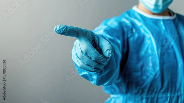 Fototapeta Doctor dressed in a blue surgical gown and mask, pointing with an index finger while wearing a blue glove, set against a neutral background in a medical environment