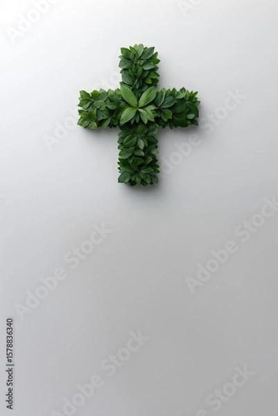Fototapeta Green leaves forming a cross shape symbolize the connection between nature, spirituality, and healthcare, conveying themes of environmentalism and well being against a light gray backdrop