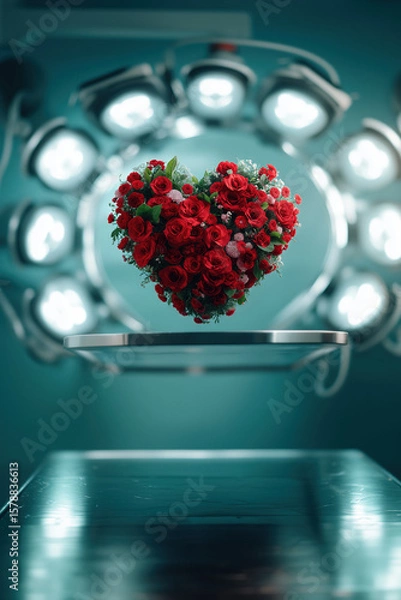 Fototapeta Red roses arranged in a heart shape floating above an operating table in a brightly lit surgical room, symbolizing the importance of love, care, and healthcare
