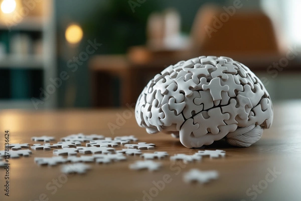 Fototapeta White jigsaw puzzle pieces forming a human brain model are sitting on a wooden table, representing problem solving, creativity, and mental health