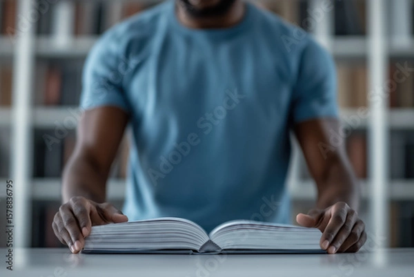 Fototapeta Man carefully reading a large, open book on a table in a library, reflecting dedication to learning and the pursuit of knowledge in a serene and focused environment