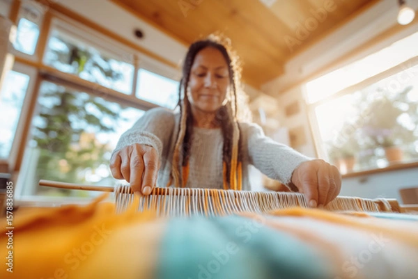 Fototapeta Indigenous artisan skillfully weaves a vibrant and colorful blanket using a traditional loom, her hands expertly manipulating the threads to create a beautiful textile