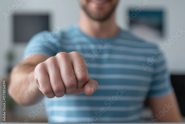 Fototapeta Smiling man raising his fist, symbolizing power, strength, and determination in a bright indoor space, exuding confidence and motivation while embracing success and achievement
