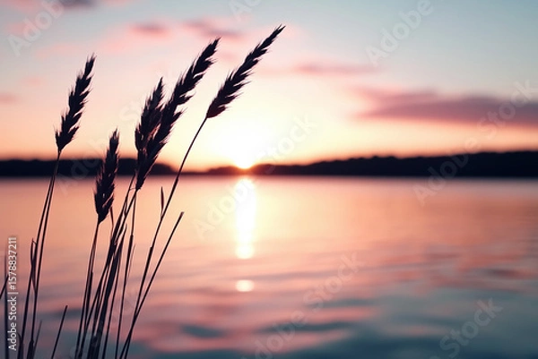 Fototapeta Soft sunlight creates a warm, inviting glow on the water's surface as the sun sets behind the horizon, casting a peaceful ambiance with silhouettes of grass in the foreground