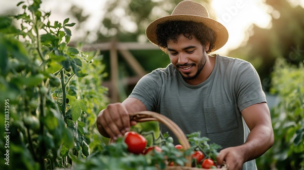 Fototapeta Young farmer with curly hair and a straw hat smiles as he carefully picks ripe red tomatoes from the vine, placing them in a wicker basket in his thriving urban rooftop garden