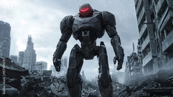 Obraz A robot with glowing red eyes surrounded by the ruins of a destroyed buildings