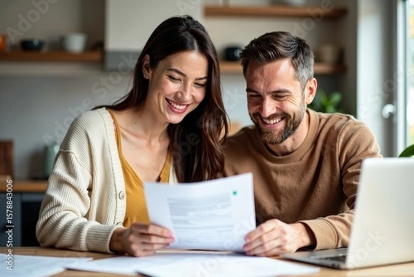 Fototapeta A Smiling Couple Working Together on Budgeting in Their Kitchen: An Upbeat Financial Team