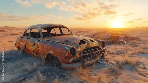Obraz A decaying, rust-covered vintage car lies abandoned in a vast desert landscape 