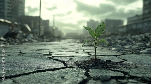 Obraz A small green plant pushes through the cracked pavement of a destroyed urban landscape