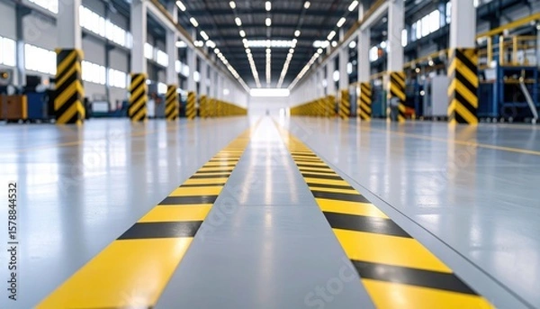 Obraz Wide view of a modern industrial warehouse with yellow safety lines and organized equipment