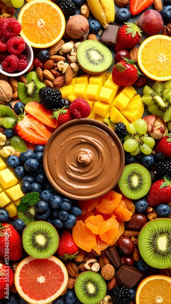 Fototapeta A vibrant assortment of fresh fruits and chocolate dip, perfect for parties and healthy snacking.