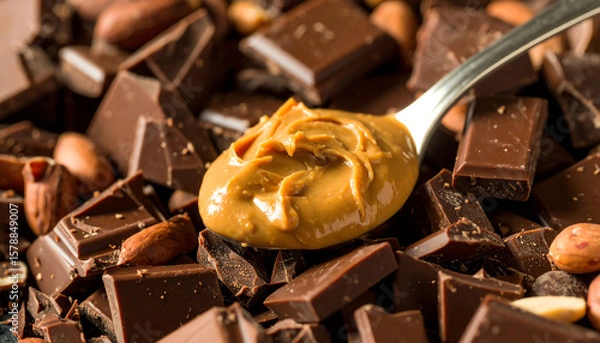 Fototapeta A delicious combination of creamy peanut butter and rich dark chocolate pieces, perfect for sweet cravings.