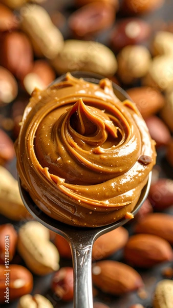 Fototapeta Creamy peanut butter swirled on a spoon, surrounded by mixed nuts. Perfect for breakfast or snacking.