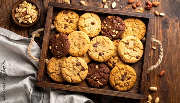 Fototapeta Delicious assortment of homemade cookies with nuts and chocolate, arranged in a rustic wooden tray.