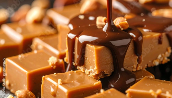Fototapeta Delicious chocolate drizzled over smooth caramel squares, a decadent treat for dessert lovers and confectionery enthusiasts.