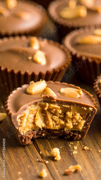 Fototapeta Delicious chocolate peanut butter cups with crunchy peanuts, perfect for sweet cravings and dessert lovers.