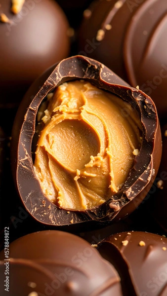 Fototapeta Delicious chocolate truffle filled with creamy peanut butter, perfect for dessert lovers and sweet indulgence.