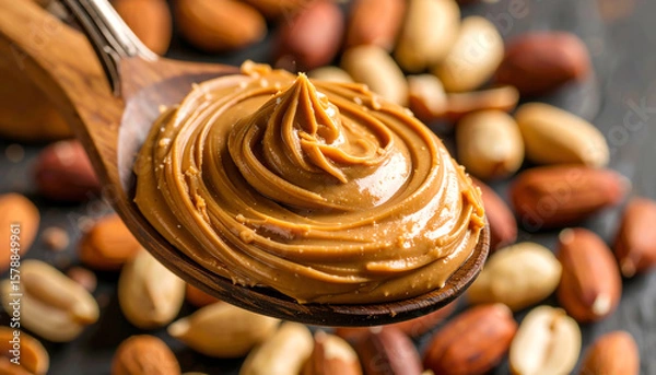 Fototapeta Delicious creamy peanut butter on a wooden spoon surrounded by assorted nuts, perfect for healthy snacks.
