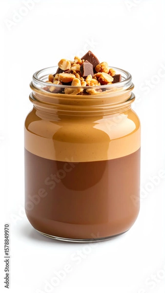 Fototapeta Delicious layered dessert in a jar topped with nuts and chocolate, perfect for sweet indulgence.