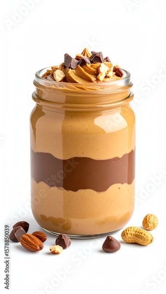 Fototapeta Delicious layered peanut and chocolate spread in a jar, topped with nuts and chocolate pieces, perfect for snacks.