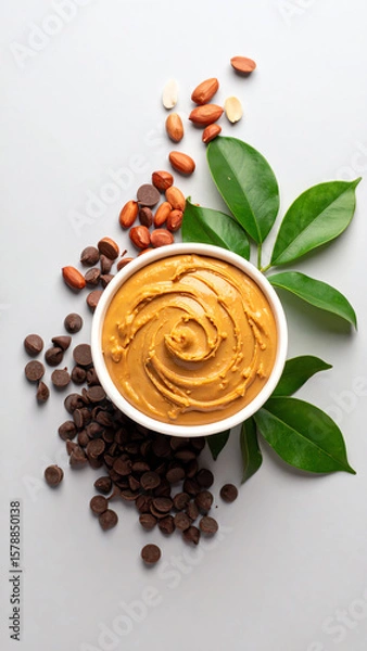 Fototapeta Delicious peanut butter spread in a bowl, surrounded by peanuts and green leaves on a neutral background.