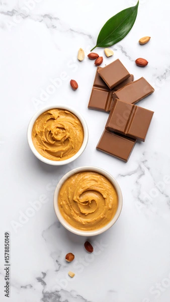 Fototapeta Delicious peanut butter served in bowls with chocolate and nuts, perfect for tasty recipes and snacks.
