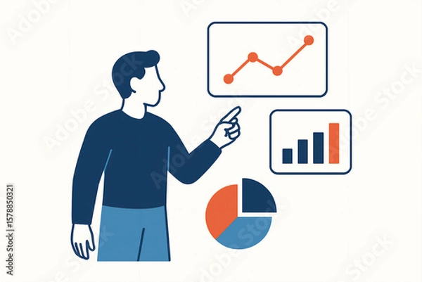 Fototapeta Man presenting data analysis using pie chart bar graph and line chart for business strategy statistics report or infographic concept