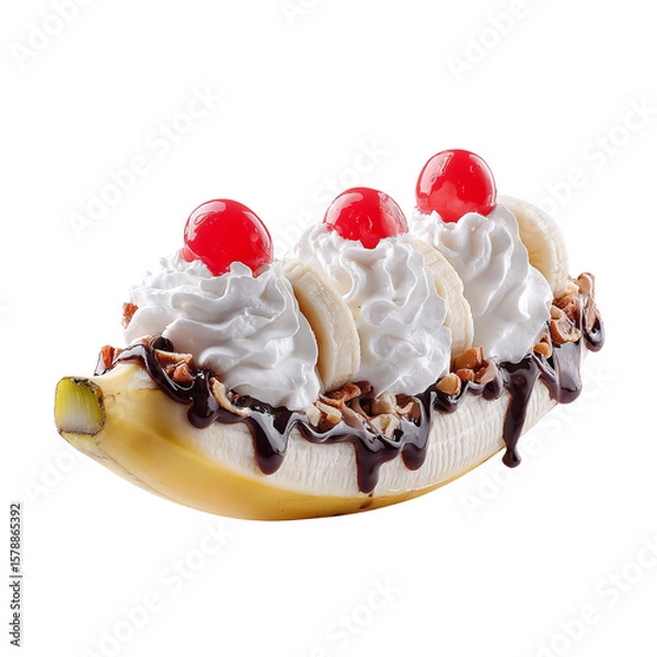 Obraz Delicious banana split with ice cream whipped cream chocolate sauce nuts and cherries dessert treat 100