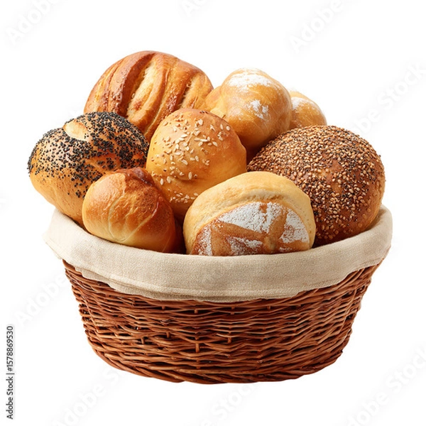 Obraz Fresh baked bread rolls in a basket bakery assortment of artisan breads and buns for sale or display