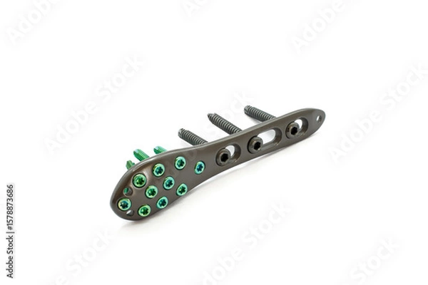 Fototapeta A Distal fibula Plate with screw isolated on the white background.  Distal fibula  plate is used to fix a fractured a ankle bone joint.