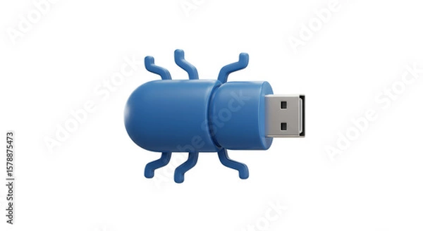 Fototapeta 3D Render of a Blue USB Bug Cartoon on Transparent Background