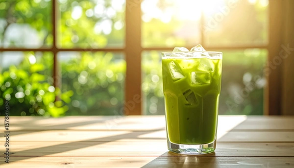 Fototapeta Iced pure matcha served in a transparent glass with layers of green tea and ice.