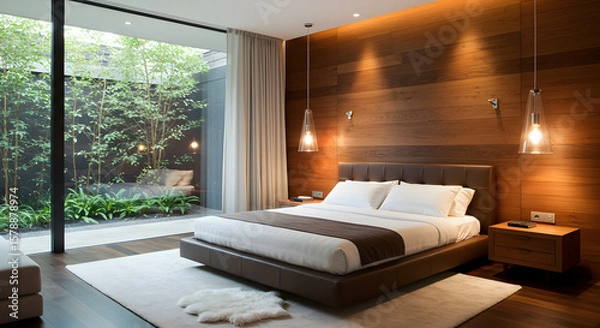 Fototapeta Luxurious modern bedroom with a large window overlooking a serene private garden courtyard