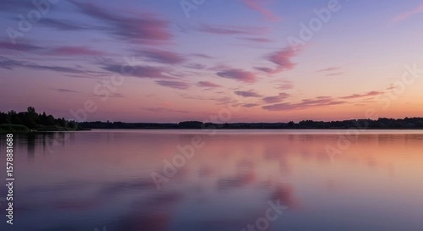 Fototapeta Serene lake reflects vibrant pink and purple clouds at sunset with distant tree line