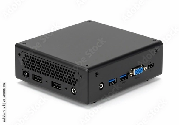 Obraz Compact black mini PC with various ports on a white background, studio shot