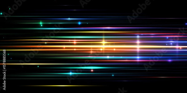 Obraz holographic speed light streak wave on black background with flickers,colorful light trails in the dark, neon motion blur effect,glowing speed lines