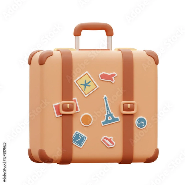 Fototapeta 3D Suitcase Travel Baggage With Stickers Isolated Transparent Background