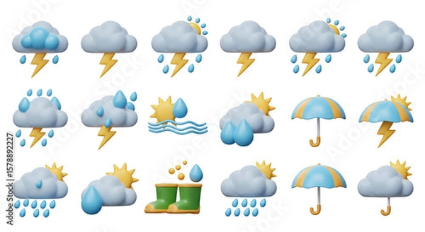 Fototapeta 3D Weather Icon Set with Cloud Rain Storm Sun and Transparent Background