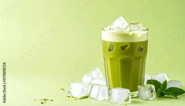 Fototapeta Iced matcha in a double-wall glass cup, featuring large clear ice cubes and a frothy top.