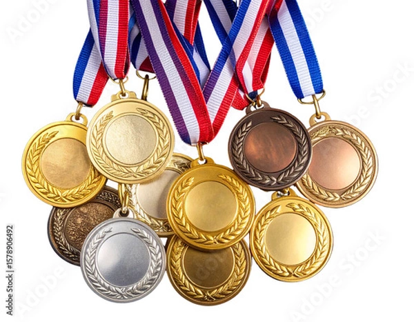 Obraz Stacked Arrangement of Gold, Silver, and Bronze Medals on Dark Velvet Cloth, Top View, PNG.