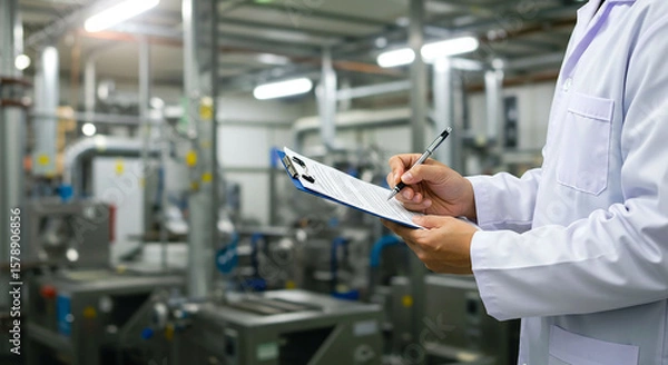 Fototapeta A person in a lab coat writing on a clipboard in a factory with machinery in the background